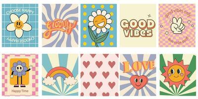 Groovy hippie 70s set. Funny cartoon flower, rainbow, peace, Love, heart, daisy, mushroom etc. Sticker pack in trendy retro psychedelic cartoon style. Flower power. Isolated vector illustration