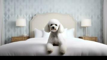 Poodle dog lying on bed in hotel with contemporary interior design. Generative AI photo