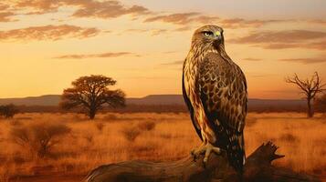Photo of Martial Eagle on savanna at sunset. Generative AI
