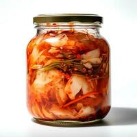 Photo of kimchi on jar isolated on white background. Created by Generative AI