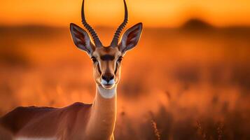 Photo of Gazelle on savanna at sunset. Generative AI