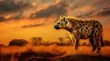 Photo of Hyena on savanna at sunset. Generative AI