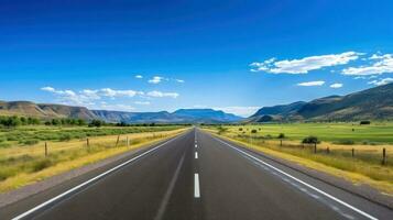 Illustration image of landscape with country road, empty asphalt road on blue cloudy sky background. Multicolor vibrant outdoors horizontal image, Generative AI illustration photo