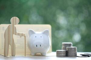 Mutual fund,Senior with piggy bank on natural green background, Save money for prepare in future and pension retirement concept photo
