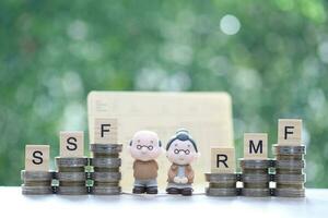 Love couple senior on banking account book and stack of coins money on natural green background photo
