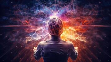 Energy of Thought. Human head emitting abstract fractal structure to illustrate working of human mind, illustration photo