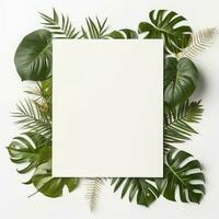 Frame with leaves.  Summer tropical leaves and blank frame with copy space on white background. Generative AI photo