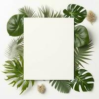 Frame with leaves.  Summer tropical leaves and blank frame with copy space on white background. Generative AI photo