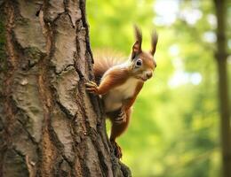 Beautiful squirrel on a tree in a forest park in the summer. Generative AI photo