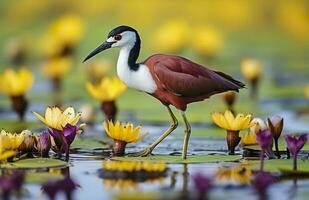 Colorful African wader with long toes next to violet water lily in water. Generative AI photo