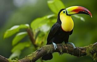 Chesnut mandibled Toucan sitting on the branch in tropical rain with a green jungle. Generative AI photo