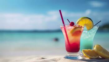 cóctel vaso en el arenoso playa cerca el mar en verano tiempo. generativo ai foto