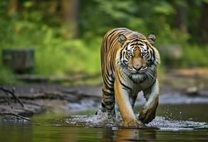 Amur tiger walking in the water. Dangerous animal.  Animal in a green forest stream. Generative AI photo