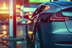 Close up photo of an electrical car charging at a gas station. Generative AI