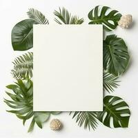 Frame with leaves.  Summer tropical leaves and blank frame with copy space on white background. Generative AI photo