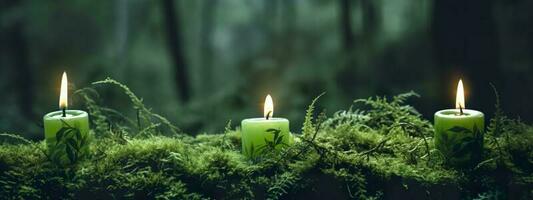 Burning candles on moss, dark green blurred the natural background. Magic candle. Generative AI photo