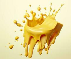 Cheese sauce splashing in the air with cheddar cheese, 3d rendering. Generative AI photo