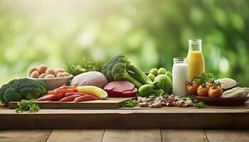 Closeup of vegetables, fruits, and meat on wooden table over green natural background. Generative AI photo