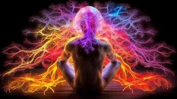 Energy of Thought. Human head emitting abstract fractal structure to illustrate working of human mind, illustration photo