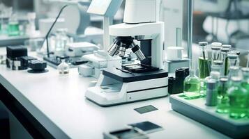 Close-up shot of microscope with metal lens at laboratory. Microscope on the table with chemical tube and glassware in laboratory, Science research technology, Generative AI illustration photo