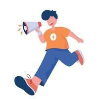 Illustration vector graphic of flat design man running while holding megaphone on white background