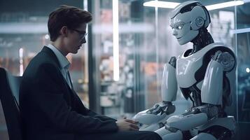 Person talking with humanoid ai robot. futuristic technology or machine learning concepts. technology photo