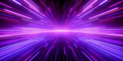 Multicolored glowing purple neon rays. High speed tunnel motion zooming in. Bright neon rays and glowing lines. Generative AI photo