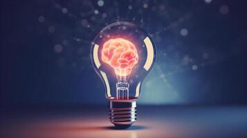 Futuristic glowing brain light bulb hologram. Abstract virtual light bulb hologram. Innovation and creative idea concept. photo