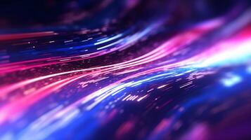 Abstract futuristic neon light moving high speed wavy lines on dark background. Abstract colored light streaks acceleration. Data transfer concept Fantastic wallpaper. photo