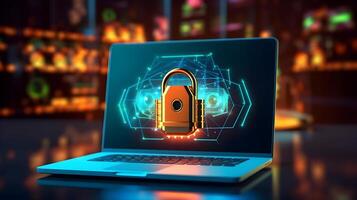 cyber online security with high-tech padlock protecting a laptop computer on a desk. photo