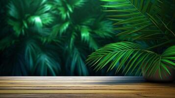 Empty wooden table on the foreground with tropical palm leaves. Summer tropical holiday background concept. photo