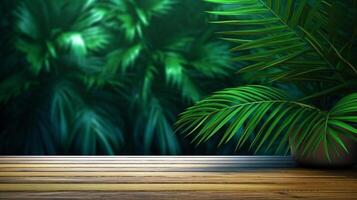 Empty wooden table on the foreground with tropical palm leaves. Summer tropical holiday background concept. Generative Ai photo