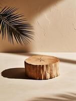 Minimal natural wood podium with green palm leaf with sunlight background. Minimal wooden stand for branding and packaging presentation. photo