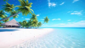 Illustration image, beach scene with crystal-clear turquoise waters, powdery white sand, palm leaves, sparkling waves and blue sunny sky, with copy space, illustration photo