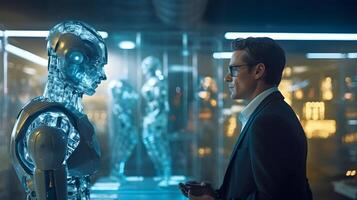 a man talking with holographic ai robot. futuristic technology or machine learning concepts. technology photo