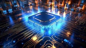 Central computer processors CPU technology background. Close up of a microchip circuit interior of a computer. circuit board. photo