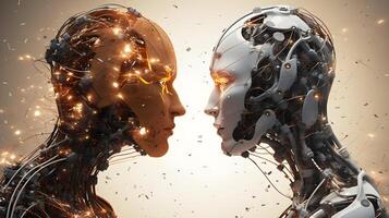 Two futuristic opposite ai robots. Battle of good and bad artificial intelligence robot. generative AI digital illustration. photo