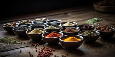 Indian spices close up. Pepper, turmeric thyme paprika cumin. Generative AI photo