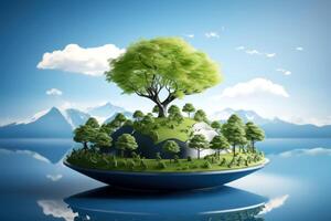 Ecosystem restoration, environment day concept tree background. Recycle icon paper cut banner with forest. Ecology project concept, illustration photo