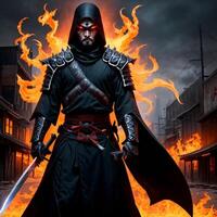 A samurai in a demonic red mask on the battlefield. photo