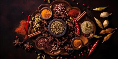 Indian spices close up. Pepper, turmeric thyme paprika cumin. Generative AI photo