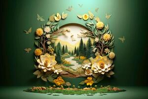 Ecosystem restoration, environment day concept tree background. Recycle icon paper cut banner with forest. Ecology project concept, illustration photo