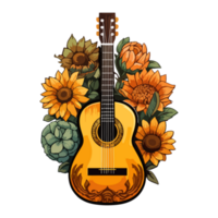 Sunflower guitar with vintage instrument design Floral frame ornament decorative design wreath illustration. png