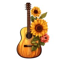 Sunflower guitar with vintage instrument design Floral frame ornament decorative design wreath illustration. png