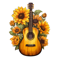 Sunflower guitar with vintage instrument design Floral frame ornament decorative design wreath illustration. png