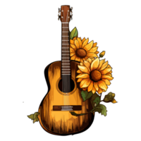 Sunflower guitar with vintage instrument design Floral frame ornament decorative design wreath illustration. png