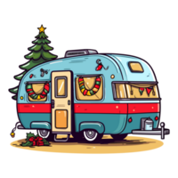 Christmas Camper with Christmas Tree and Christmas Lights, Christmas camping, Trailer decor for Christmas. png