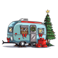 Christmas Camper with Christmas Tree and Christmas Lights, Christmas camping, Trailer decor for Christmas. png