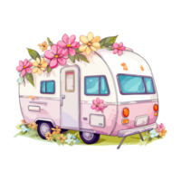 Super cute Spring Caravan, Summer Holiday Caravan Traveling Sticker, truck travel, Travel trailer illustration. png