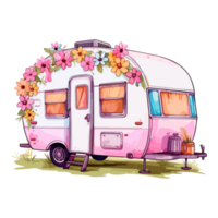 Super cute Spring Caravan, Summer Holiday Caravan Traveling Sticker, truck travel, Travel trailer illustration. png